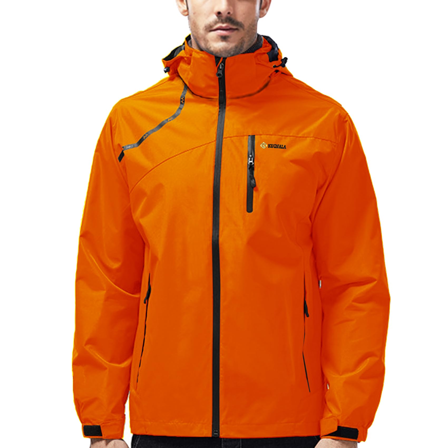 Photo 1 of Kugnala Mens Rain Jacket Waterproof Raincoat Lightweight Rain Coat Hooded Windproof Windbreaker Jackets for Men Hiking Cycling Travel Orange 5XL