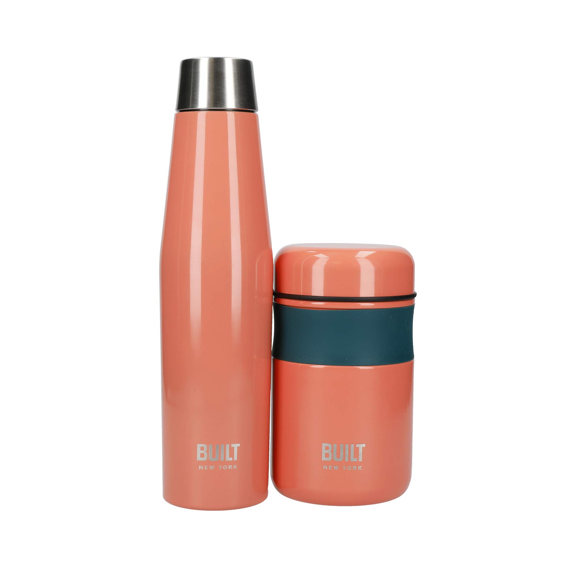 Built Perfect Seal Vacuum Insulated Water Bottle, Stainless Steel, 540 ml + Double Wall Vacuum Insulated Soup Flask for Hot and Cold Foods, Stainless Steel, Orange, 490 ml