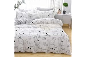 LAYENJOY Cats Duvet Cover Set Twin, 100% Cotton Bedding, Various Cartoon Cats Pattern Printed on White Reversible Black Plaid, Cute Animal Comforter Cover for Kids Teens Boys Girls, No Comforter