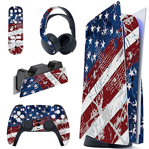 PlayVital Impression US Flag Full Set Skin Decal for PS5 Console Disc Edition, Sticker Vinyl Decal Cover for PS5 Controller & Charging Station & Headset & Media Remote