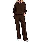PRETTYGARDEN Women Fall 2 Piece Outfits Sweatsuits Quarter Button Long Sleeve Sweatshirt Wide Leg Pants Tracksuit Lounge Sets
