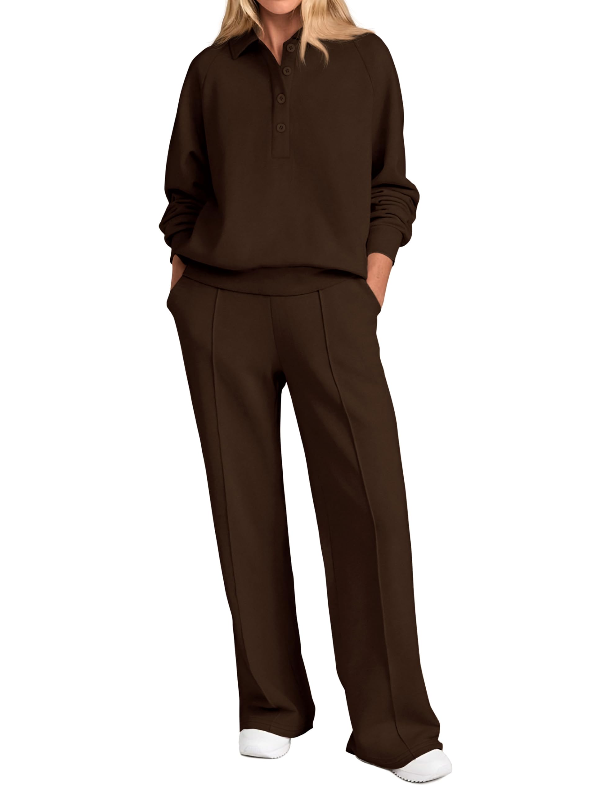 Photo 1 of **BLEACH STAIN*PRETTYGARDEN Women Fall 2 Piece Outfits Sweatsuits Quarter Button Long Sleeve Sweatshirt Wide Leg Pants Tracksuit Lounge Sets(Dark Brown,Large)