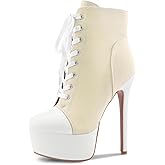 Perisis Women's Black Platform Ankle Boots Stiletto High Heel Short Boot Lace-Up Canvas Sneaker Booties Closed Round Toe Shoes with Side Zipper for Ladies Sexy Spring Fall Winter