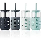 Mrsdry Glass Cups with Lids and Straws 4 Pcs, 16oz Glass Tumbler with Silicone Straw and Sleeve for Coffee Bar Accessory, Drinking Glasses Set Reusable Iced Coffee Cup - Smoothie Cup for Gifts