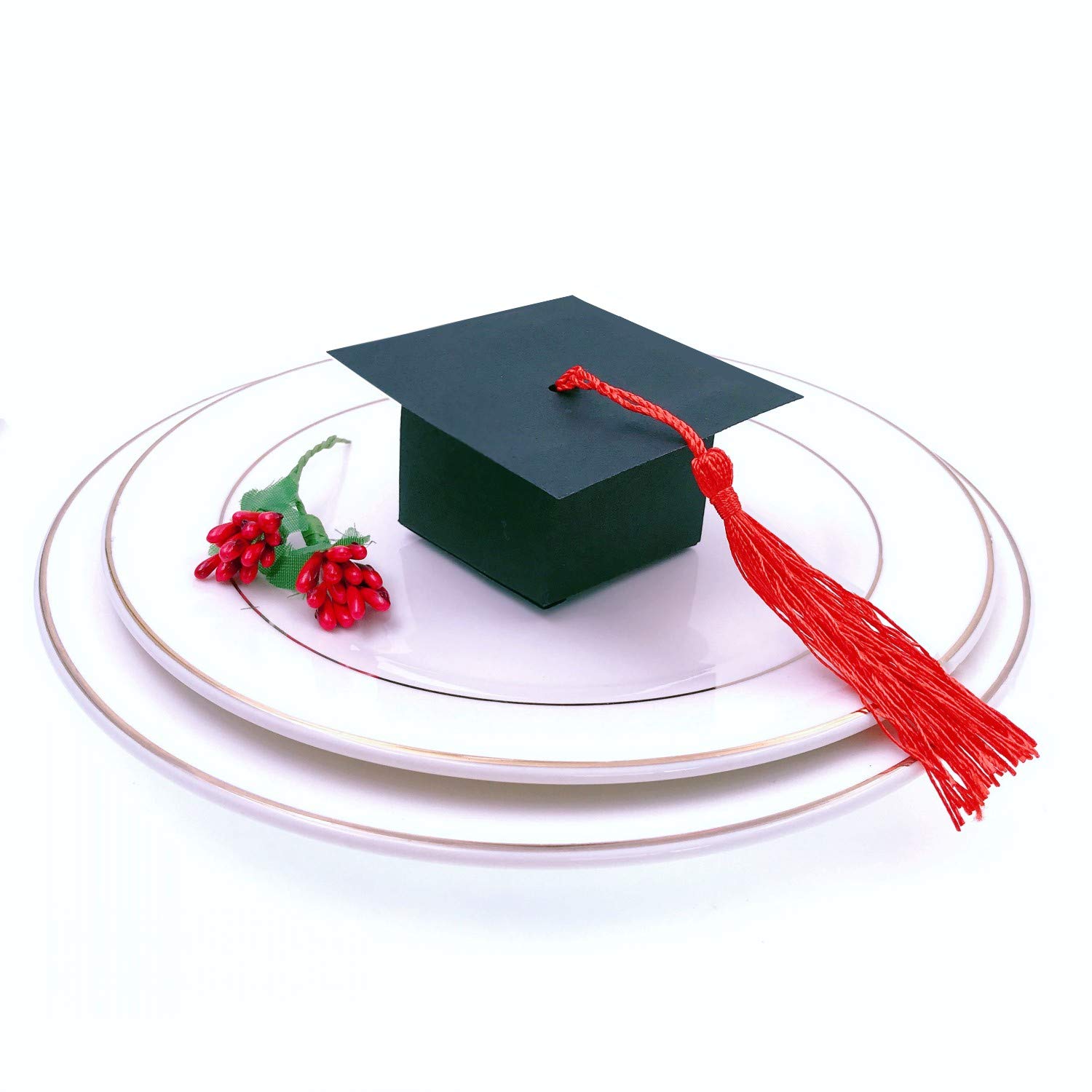JZK 50 x Black paper graduation hat cap box with red tassel, sweets box party favour boxes for graduation party favours gift table decorations