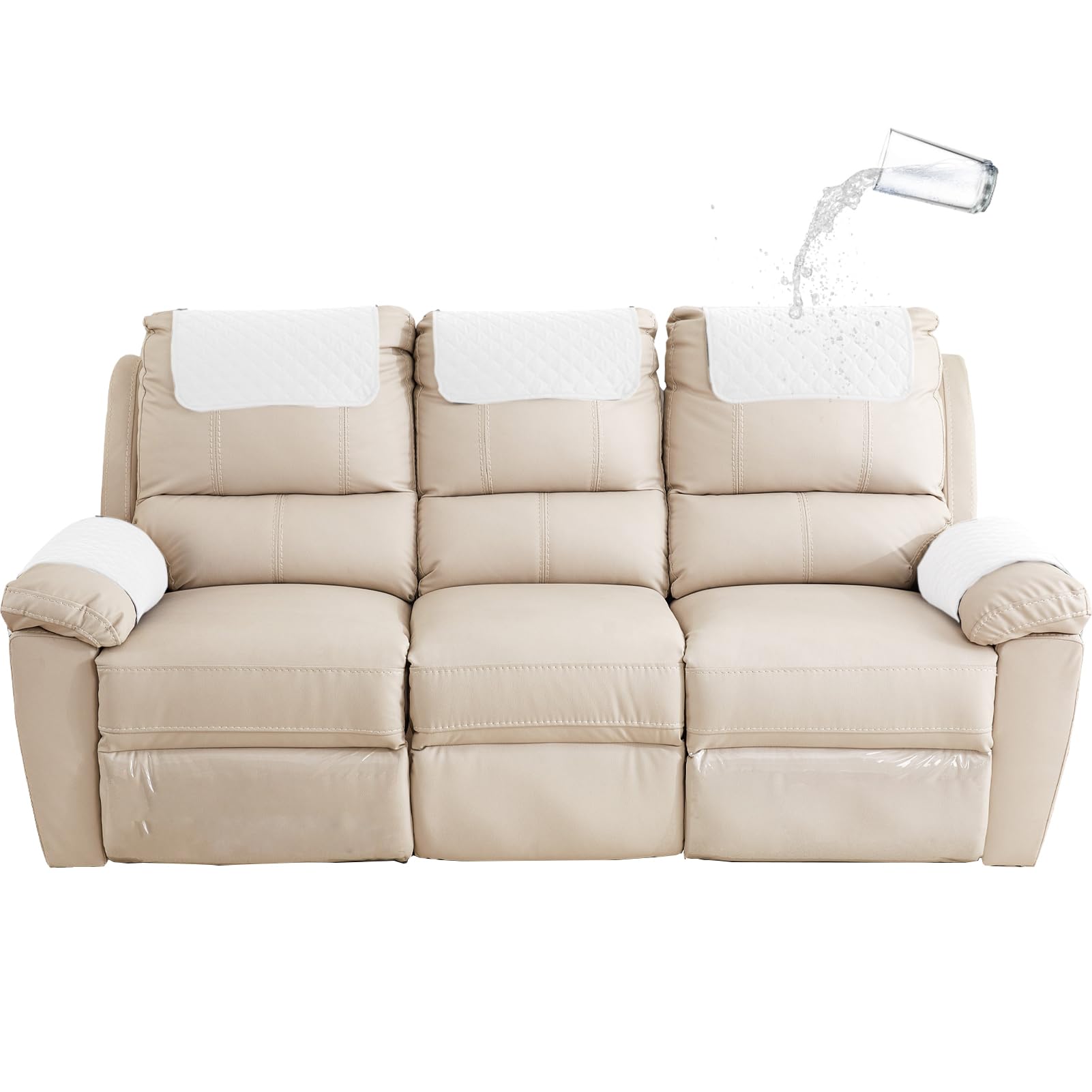 GYHH Sofa Armrest Cover, Headrest Cover for Recliner Chair Arm Cover,Armchair Slipcover Nonslip Quilted Furniture Protector for Pets Leather Sofa Couch (Ivory,3 Seat Recliner | 5 pc)