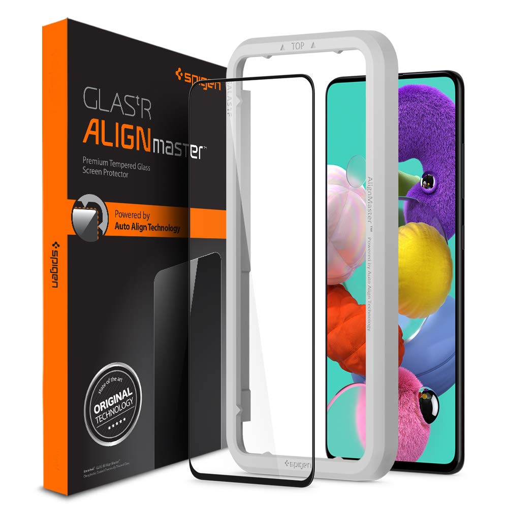 Spigen, AlignMaster Tempered Glass Screen Protector for Samsung Galaxy A51, Positioning Aid for Installation, Black Full Coverage, Case Friendly, 9H Tempered Glass, Galaxy A51 Tempered Glass (AGL01051)