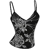 BEAUDRM Women's Floral Sequin Camisole Y2k Sparkle V Neck Spaghetti Strap Sleeveless Cami Crop Tops Party Clubwear