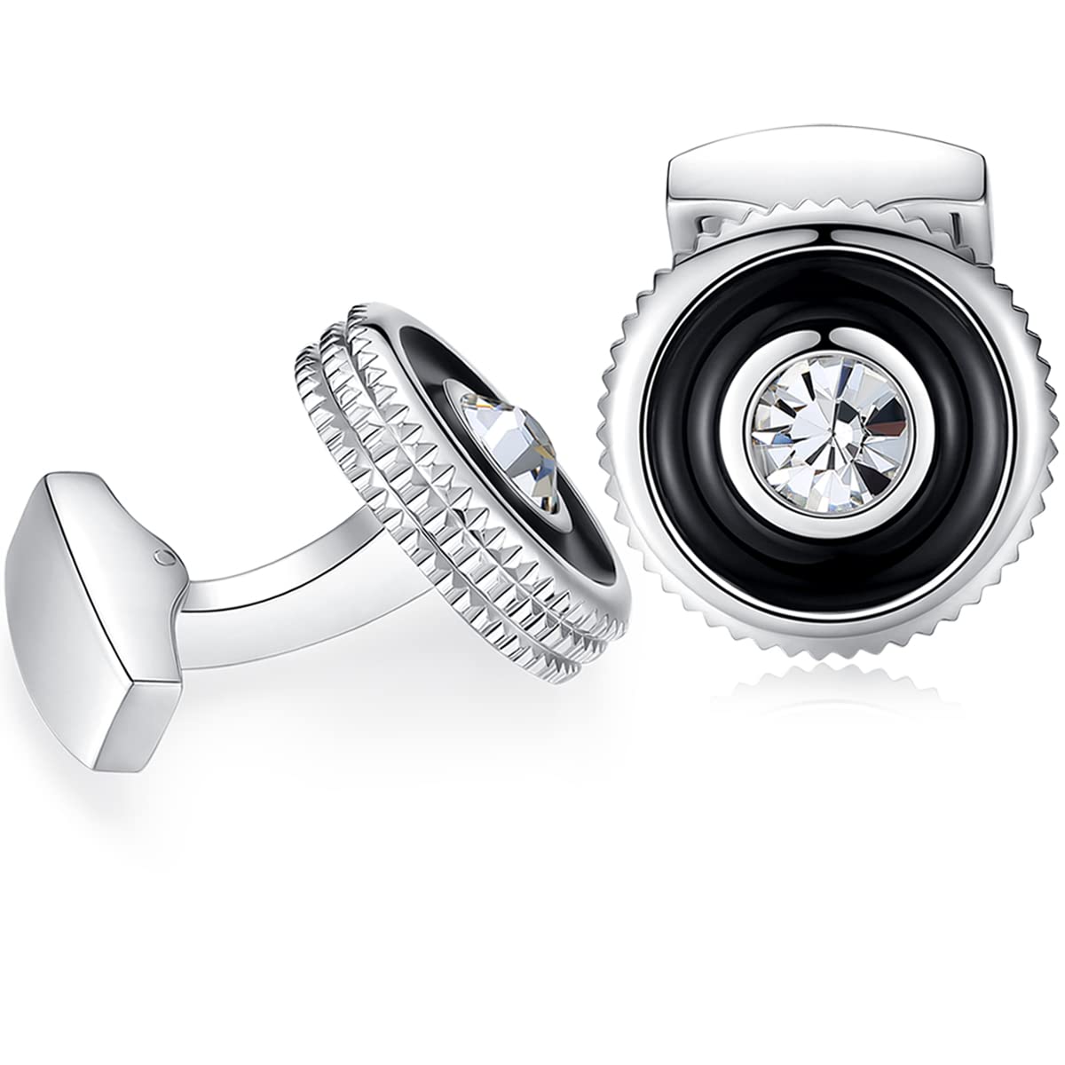 HONEY BEAR Round Crystal Cufflinks - Stainless Steel for Mens Shirt Wedding Business Gift Black