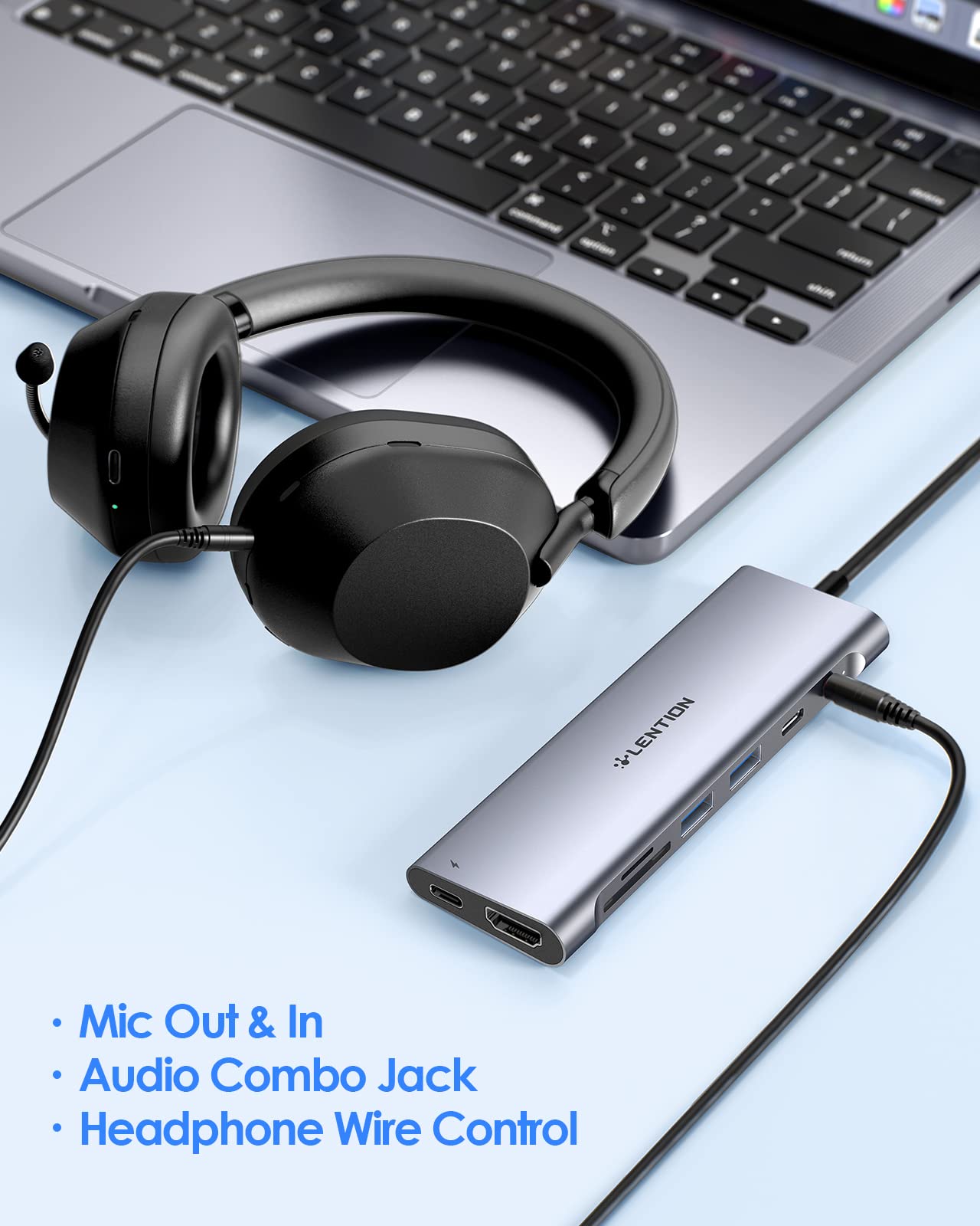 LENTION 3.3FT Long Cable USB C Hub with 4K HDMI, 2 USB 3.0, Card Reader, Aux, Type C Data/Charging Compatible 2024-2016 MacBook Pro, Mac Air/Surface, More, Stable Driver Adapter (CB-C37, Space Gray)