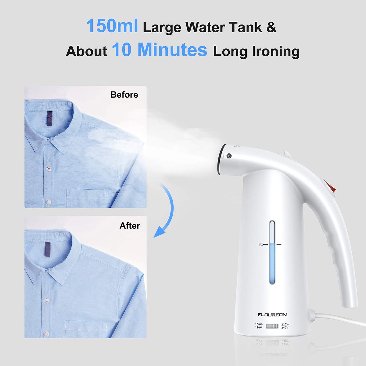 FLOUREON Clothes Steamer Hand held Steamer Clothes Clothing Steamer 150ML Travel Steamer Garment Steamer with Auto Shut-off Function for Clothes, Curtains,Home, Office,Travel(White)