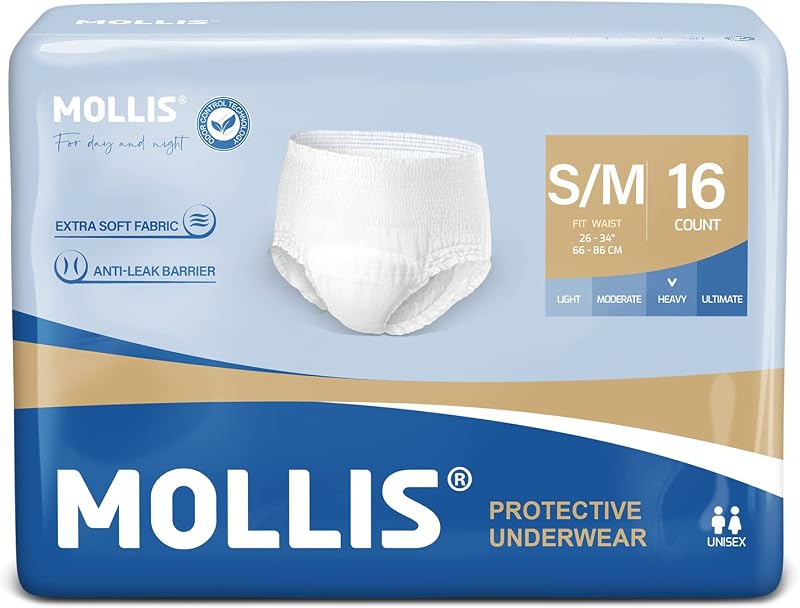 Mollis Incontinence Pants Unisex Small/Medium 16 Pack Maximum Absorbency
