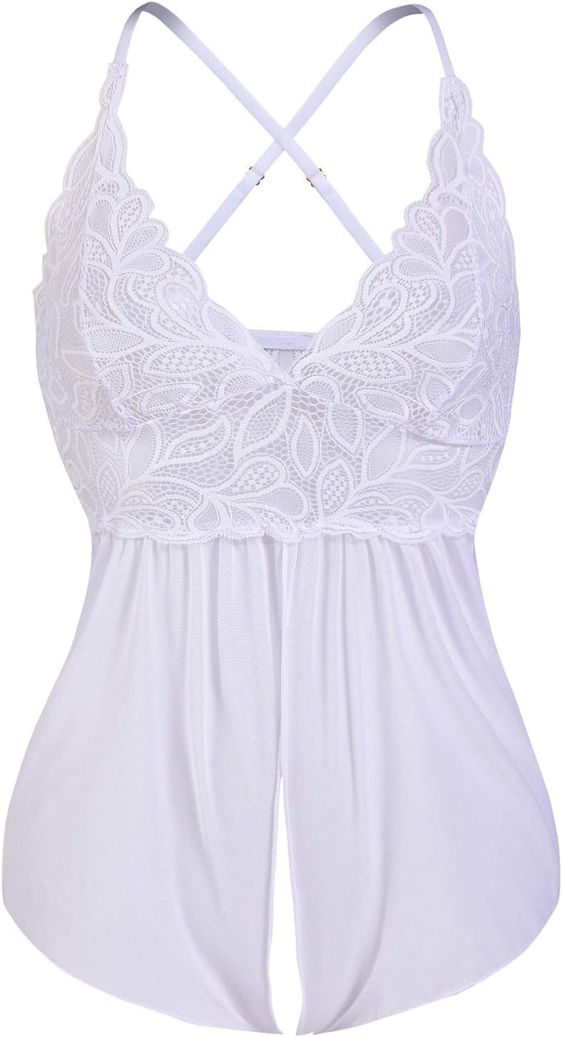 Donnalla Women Sexy Lingerie Floral Lace Babydoll One Piece Teddy Sheer Lace Lingerie V Neck Chemise