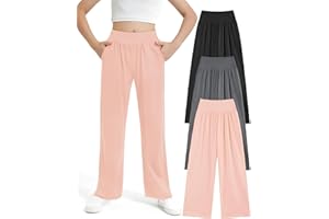EXARUS 3 Pack Girls Wide Leg Pants Straight/Tapered Flowy Pants Elastic Waist Lounge Sweatpants with Pockets 6-14Y