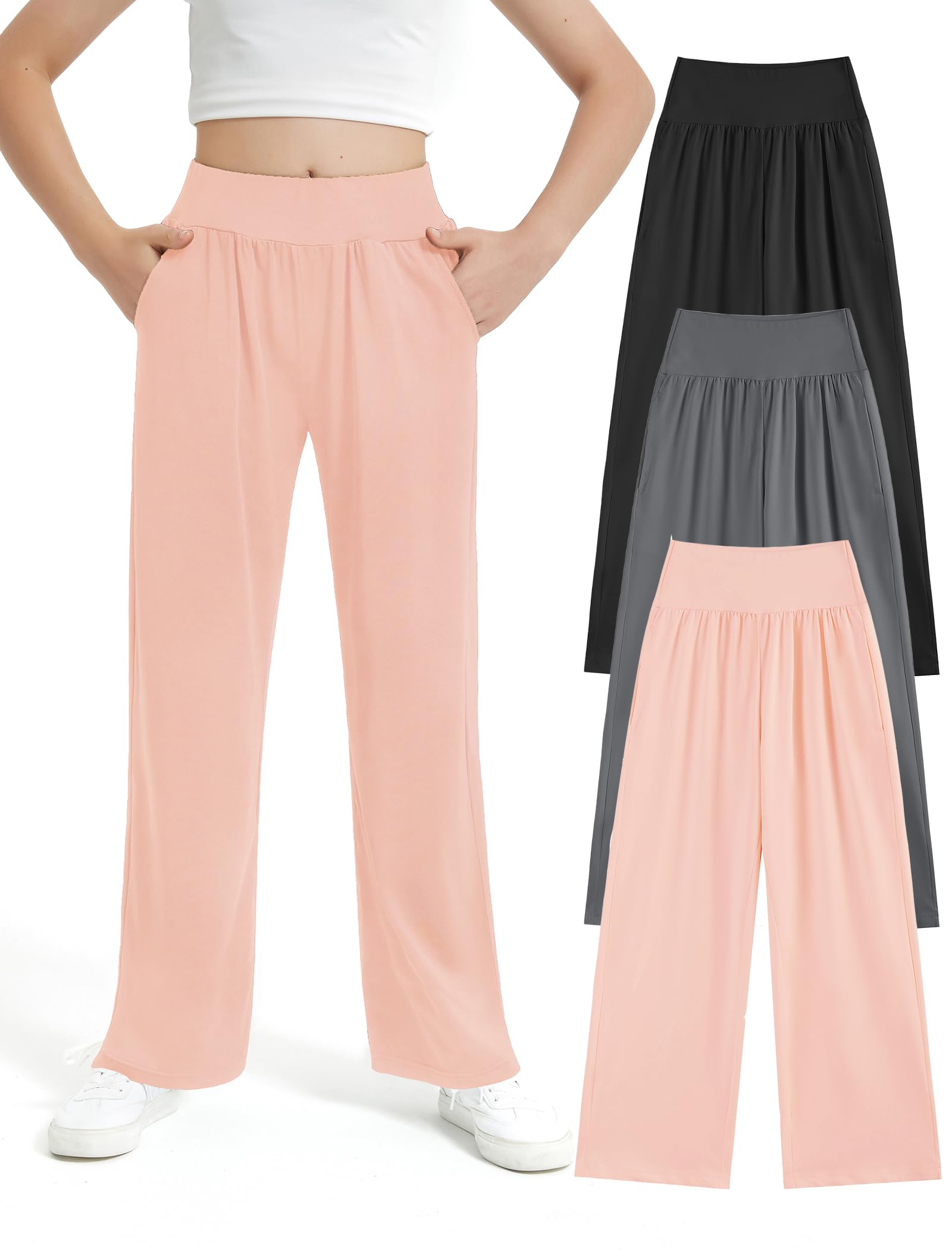 Photo 1 of ***MISSING ONE**
EXARUS 3 Pack Girls Flowy Pants Wide Leg Teen Elastic Loose Soft Mid Waist Causal Long Daily Comfy Solid Straight Palazzo Pants with Pockets Outdoor Black/Dirty Pink/Dark Grey 12Y