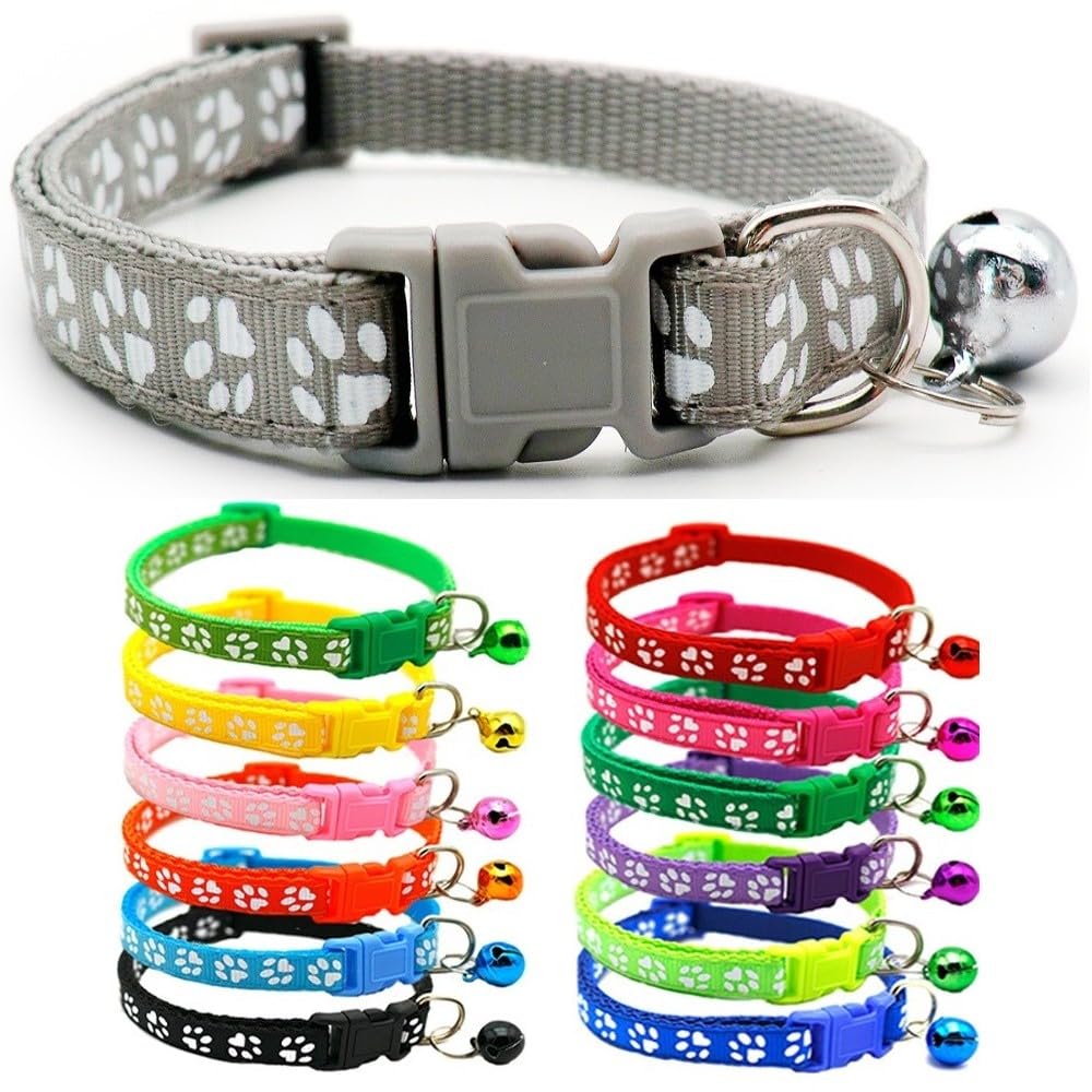 Small Dog Puppy Pet Collar Pawprint Design with Bell Nylon Adjustable Size 19-32cm Silver Light Grey
