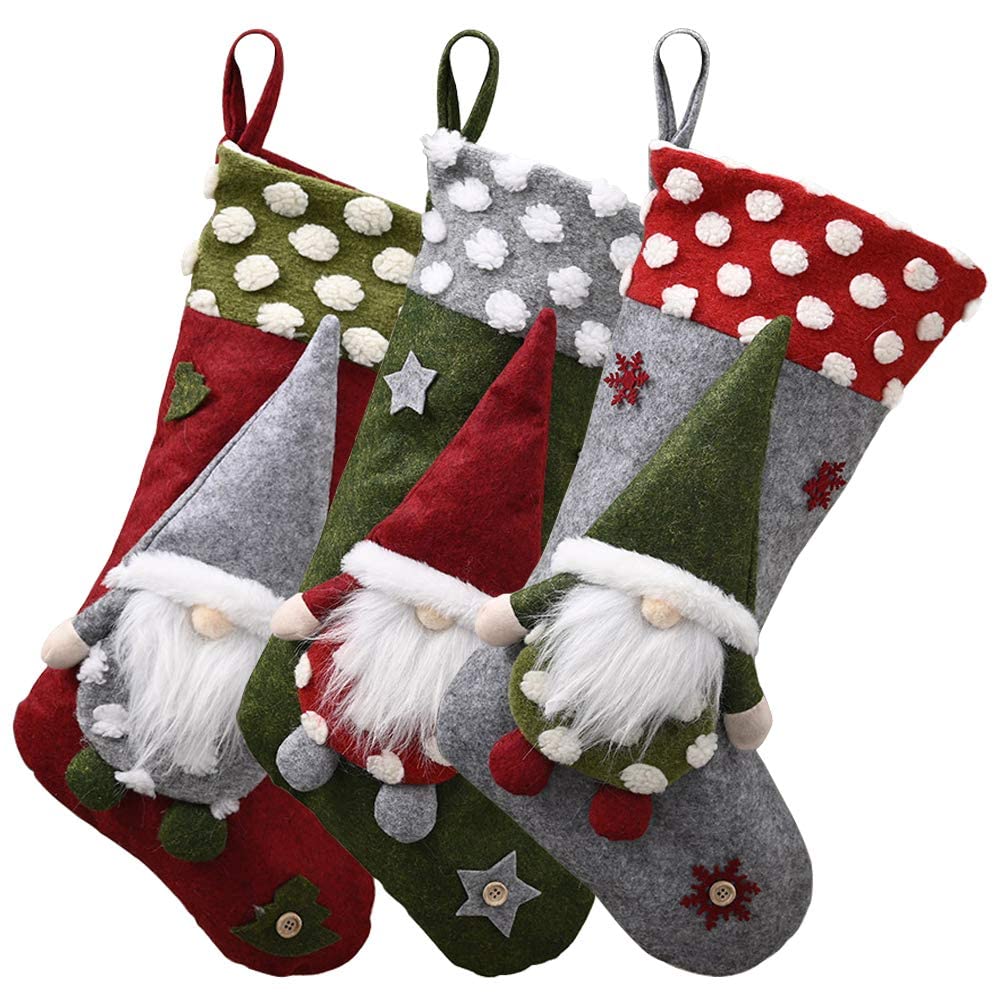 Donken Christmas Stocking Set of 3 Large Gnomes Santa Xmas Sock Sack Gift Bag for Adults and Kids, Fireplace Hanging Stockings Tree Decoration Christmas Ornament for Family