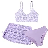 COZYEASE Girls' 3 Piece Set Floral Print Bikini Swimsuit with Drawstring Beach Skirt Cute Ruched Bathing Suit