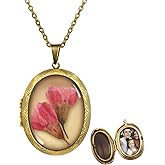 Pressed Flower Necklace,Handmade Oval Shaped Photo Locket Necklace,Birth Flower Necklace for Women,Personalized Vintage Picture Locket Necklace