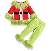 Aifawile Toddler Christmas Santa Claus Costume Baby Boy Girl Green Furry Long Sleeve Top Pants Cosplay Monster Costume Outfit