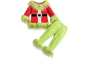 Nicoxijia Toddler Baby Boys Girls Christmas Cosplay Monster Costume Outfits Green Furry Santa Long Sleeve Tops and Pants Set