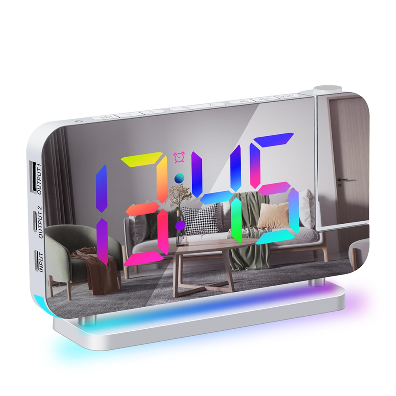 Irishom Projection Alarm Clock Digital Clock for Bedroom 7-inch RGB Colorful LED Clockwith 180° Projector Mirror Display 6-level Brightness Dimmer USB Charger Snooze Function 12/24H 11 Colors