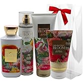 Bath & Body Works BRIGHTEST BLOOM Body Wash, Mist, Body Cream & Body Scrub 4-piece Gift Set with a Red Bow for Holidays – Full Size
