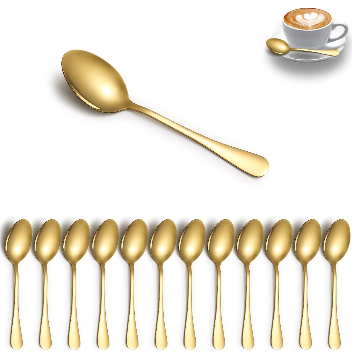ReaNea Gold Tea Spoons Set of 12, Stainless Steel 14.3cm Dessert, Coffee, Stirring, Latte for Home, Restaurant, Hotel, Wedding, Event, Parties