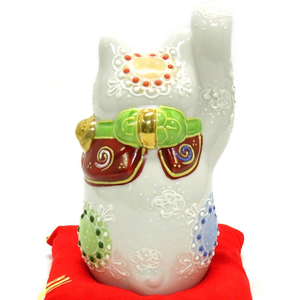 右手 招き猫 B001dumjv4 九谷焼 白盛 座布団付 風水基本アイテム 税込