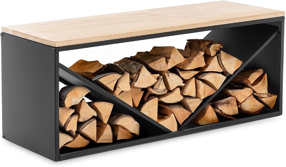 Hillvert Firewood Rack Bench 20/30kg 104x35x41cm Steel Wood Black