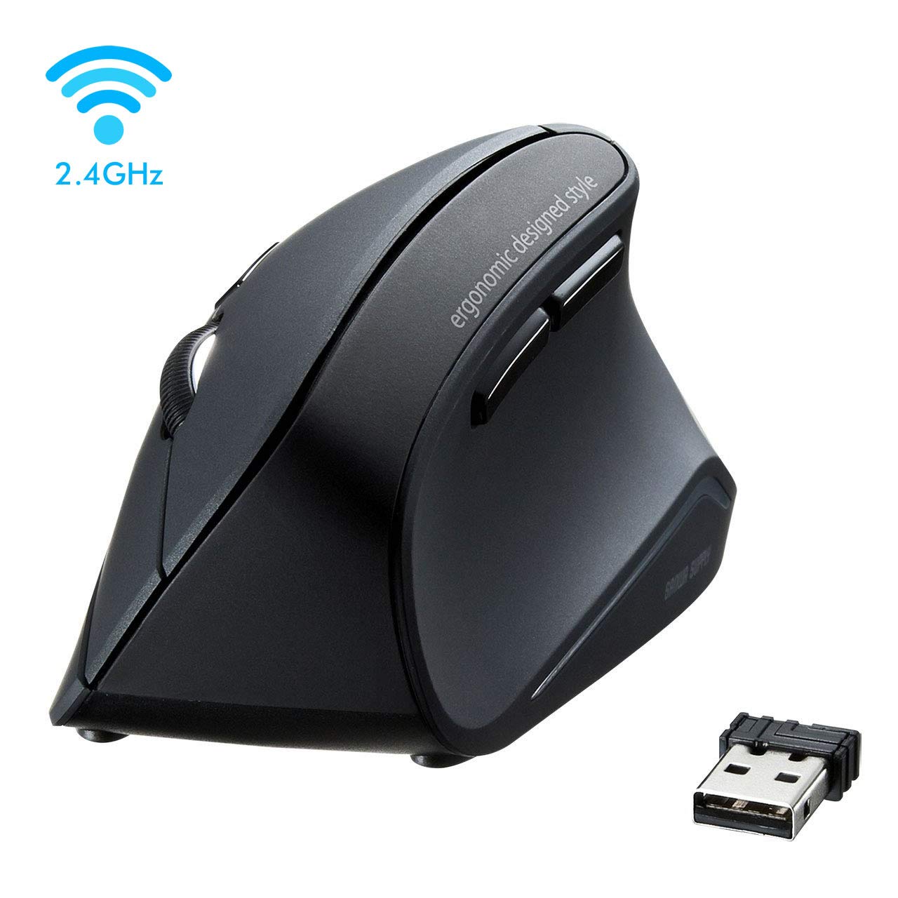 SANWA Wireless Mouse-Vertical Ergonomic Design, Blue LED Optical Mice, 800/1200/1600 DPI, 6 Buttons, USB Unifying Receiver, for Notebook, PC, Laptop, Computer, MacBook, for Work, Study, Gaming, Black