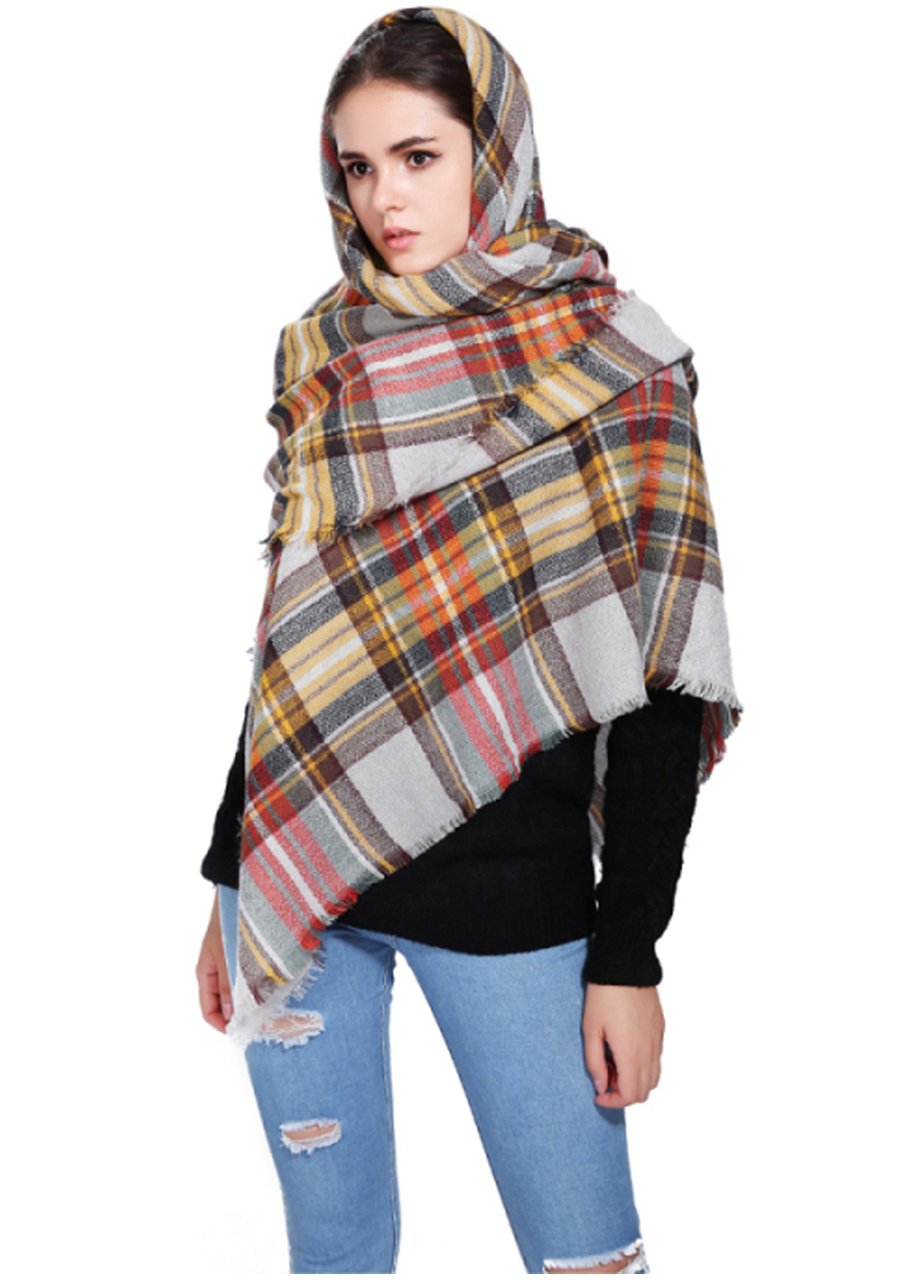 CHIC DIARY Women\'s Tassels Soft Plaid Tartan Scarf Pashmina Winter Large Blanket Wrap Shawl (#02-Yellow)