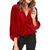 Womens Velvet Tops V Neck 3/4 Puff Sleeve Fall Winter Trendy Dressy Casual Loose Christmas Party Holiday Tunic Shirts