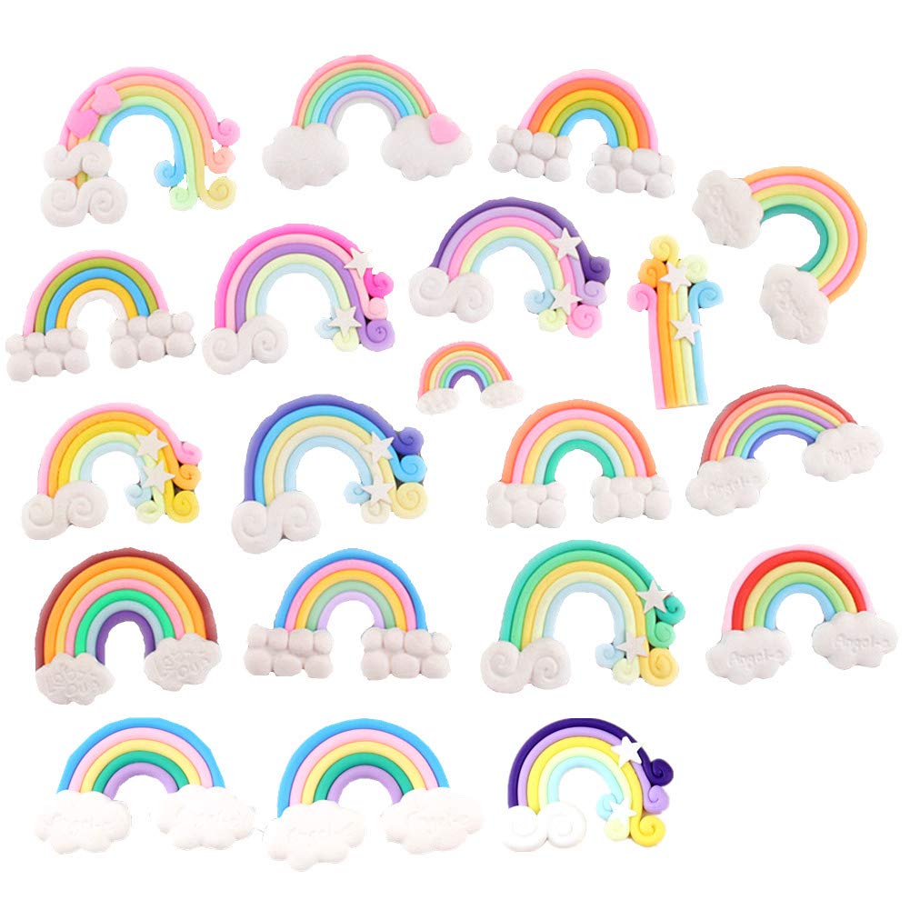Assorted 20pcs Kawaii Rainbow Resin Charms Clouds Cabochons Plastic Flatback Beads for Miniature Fairy Garden Accessories Scrapbooking Home Decor Supplies