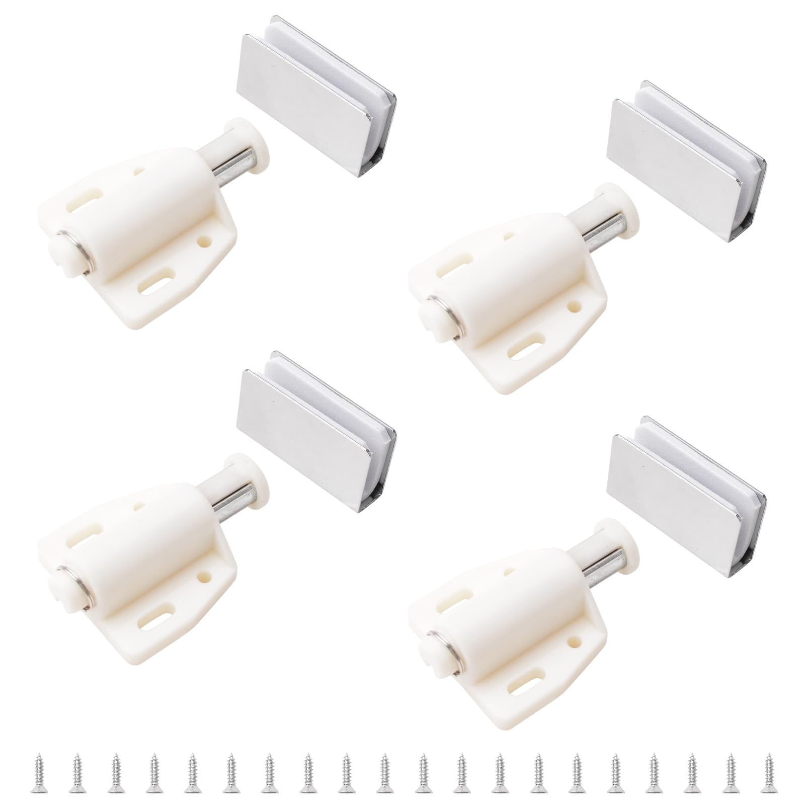 UFURMATE Glass Door Magnetic Catch Latch Closures, 4 Set Push Open Single Glass Door Magnetic Touch Latchs with Cabinet Clamp, Fit for 3-6mm Free-Swinging Glass Door (Silver & White)