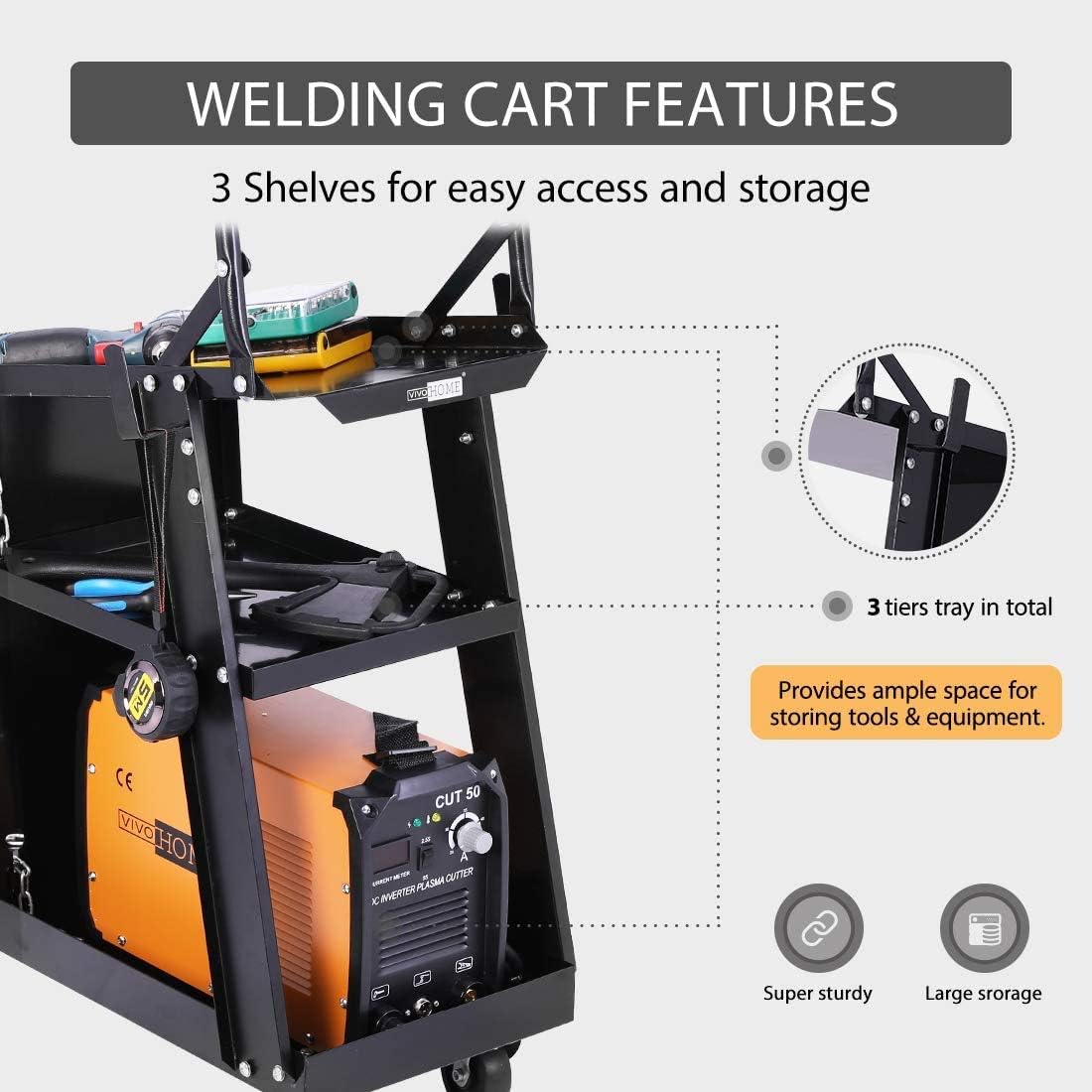 VIVOHOME Iron 3 Tiers Rolling Welding Cart with Wheels and Tank Storage for TIG MIG Welder and Plasma Cutter Black - - 