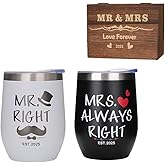 Mr. and Mrs. Right Couples Cups Set with Wooden Gift Box, Insulated Stainless Steel, Funny Gifts for Couples, Bridal Shower Gifts, Christmas(Black (MRS) & White (MR))