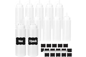 DHSBTLS 16 oz Plastic Squeeze Bottles, 12 Pack Clear Condiment Squeeze Bottles with Tethered Caps, Ketchup Bottles for Sauces