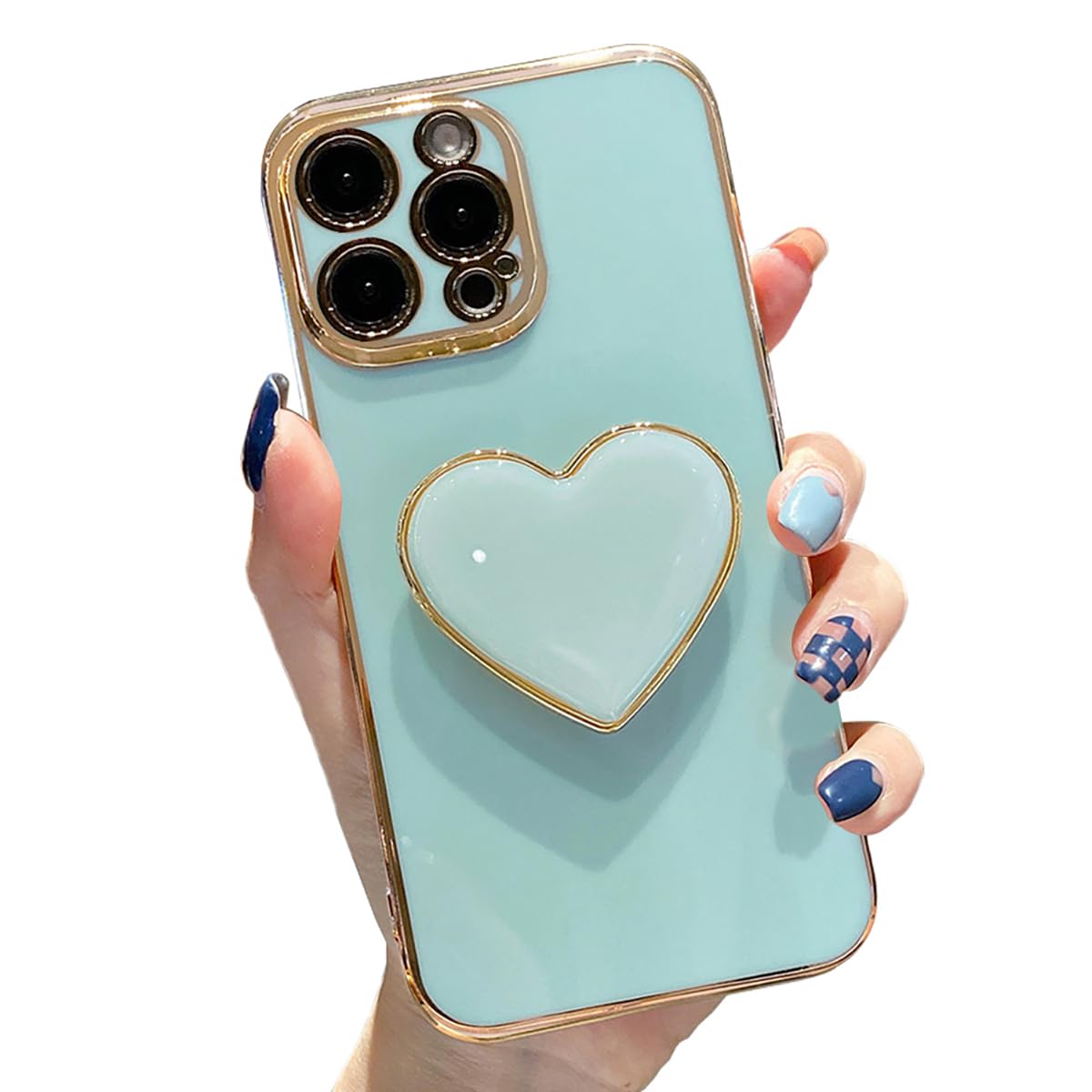Sutpstmt Cute Case for iPhone 16 Pro Max 6.9'', Green Soft Plating TPU Shockproof Protective Cover with Stand, Luxury Bumper Love Heart Holder Kickstand Phone Case for Girls Women