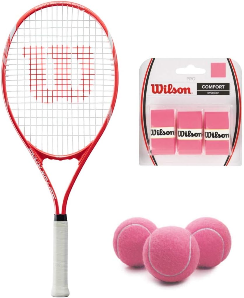 Wilson Envy XP Lite Pre-Strung Tennis Racquet (4 1/4" Grip) Starter Kit or Set for Beginner Girls or Women Bundled with 3 Pink Tennis Balls and (1) 3-Pack of Pink Overgrips
