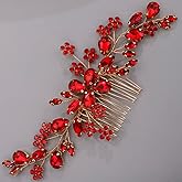 BERYUAN Teardrop Flower Crystal Hair Comb for Women Cute Crystal Comb for Bride RED
