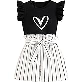 Ecolala Girls' 2 Pieces Outfits Cute Ruffle Sleeve Top and High Waisted Striped Shorts Set