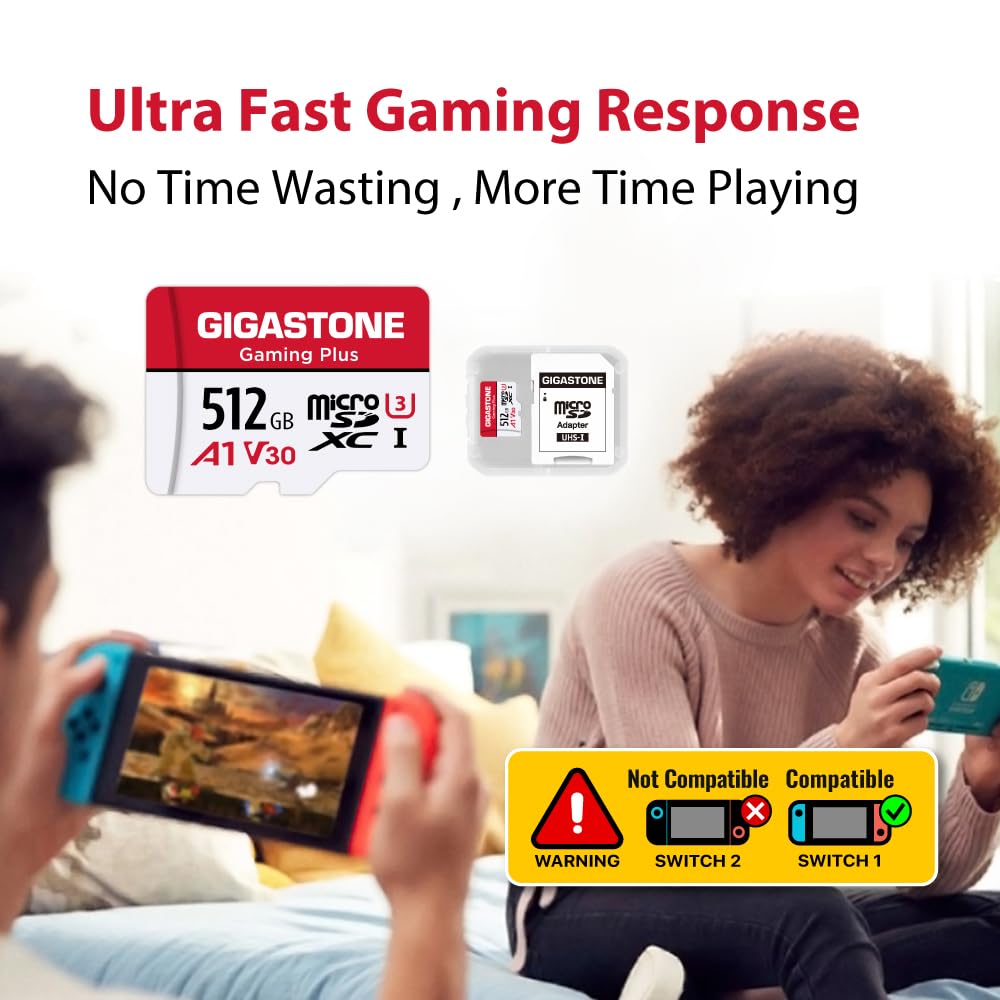 GIGASTONE 512GB Micro SD Card, Gaming Plus, MicroSDXC Memory Card for Nintendo-Switch 1, Wyze, GoPro, Dash Cam, Security Camera, 4K Video Recording, UHS-I A1 U3 V30 C10, up to 100MB/s, with Adapter