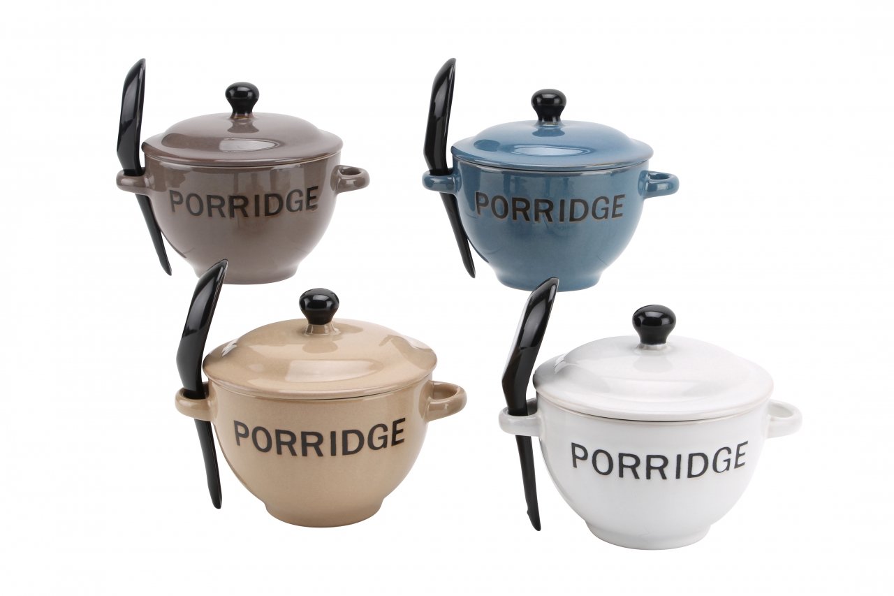 Ceramic Porridge Bowl with Lid and Spoon in Gift Box Blue Grey Cream or