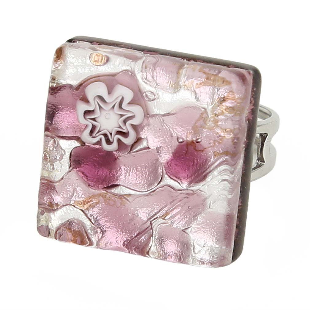 Glass Of Venice Murano Glass Venetian Reflections Square Adjustable Ring - Purple Silver