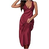 WDIRARA Women's Lace Backless Sexy Long Satin Sleepwear Deep V Neck Sleeveless Nightgown