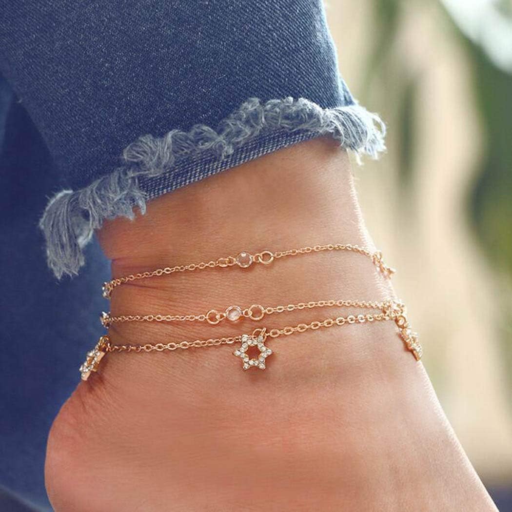 Edary Gypsy Layered Star Anklet Bracelet Gold Rhinestone Crystal Anklets for Women and Teen Girls(3 in 1)