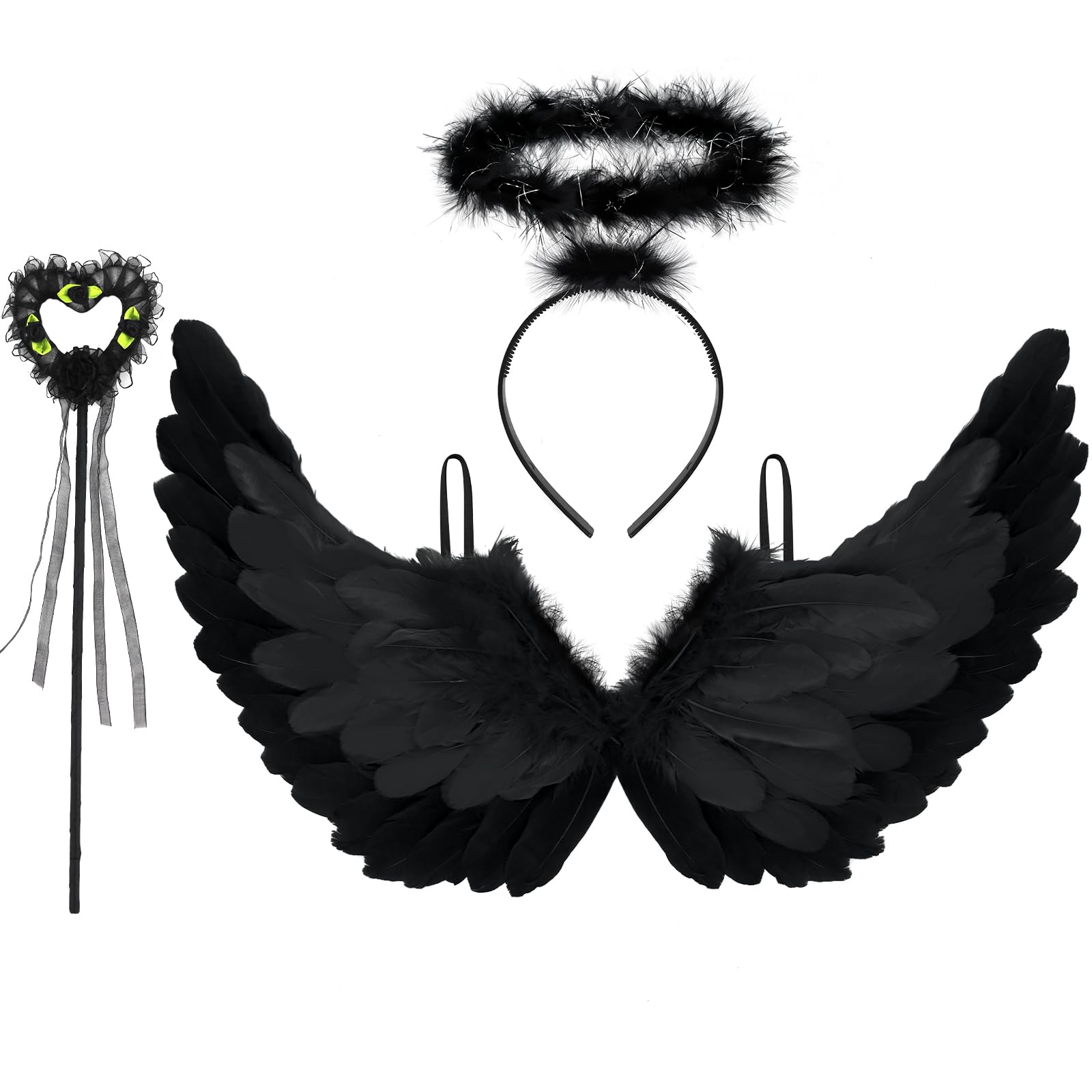 Newthinking Angel Wings and Halo for Adults Kids, Black Feather Wings Halloween Angel Fairy Costume Cosplay for Women Girls, 65x35cm