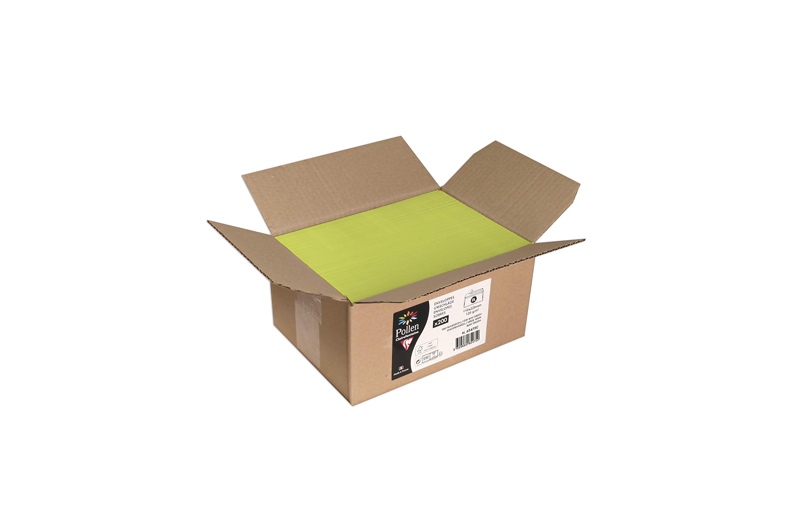 Clairefontaine 65475C Carton of 200 Self-Adhesive Envelopes DL (11x22cm) 120g/m² Leaf Bud Green Invitation Event and Correspondence Range Pollen Premium Paper