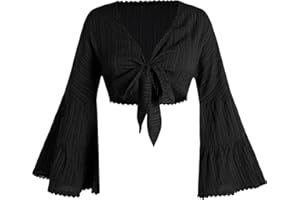 Women's Tie Bow Front Cardigan Long Bell Sleeve Blouse Crop Top Shirt